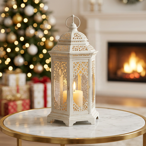 Heirloom <b>Moroccan</b> <b>Lantern</b> with Intricate Pierced Metal Body and Glass Windows for Elegant Tabletop Display - Product Image 1