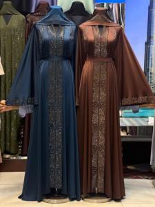 2026 Elegant Women's Floor Length Abaya Beaded Solid Long Sleeve Loose Fit Polyester Modest Dress Party V Neck <b>Flared</b> Hem - Product Image 2