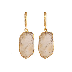 Natural Citrine Rough Hoop Earring Gold Plated - <b>Raw</b> <b>Crystal</b> Boho Dangle Earrings Handmade Jewelry - Product Image 1