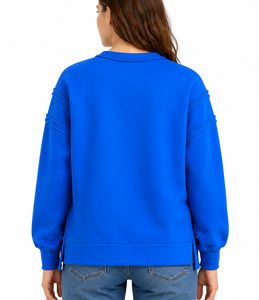 เสื้อสเวตเชิ้ตคอกลมโอเวอร์ไซส์สำหรับผู้หญิง สีน้ำเงิน พิมพ์ลายตัวอักษร ชายเสื้อไม่สมมาตร ผ้าฝ้ายถัก 100% แขนยาว สไตล์ฤดูใบไม้ร่วง - Product Image 6