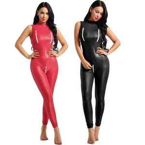Body moulant sexy en similicuir PU pour femme, avec fermeture éclair, sans manches, taille unique, tenue de club en cuir - Product Image 1