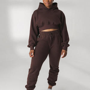 Conjunto de Sudadera Corta y Pantalones de Forro Polar para Mujer, Ropa Casual de Otoño, Color Sólido, Manga Larga, Pantalones con Cordón - Product Image 1