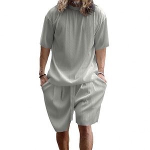 Men's Plus Size Light Blue <b>Knitted</b> Casual Short Sleeve T-Shirt and Shorts <b>Set</b> Summer Wear Solid Color Comfortable Loose Fit - Product Image 3