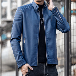 Chaqueta de Motociclista de Cuero PU Azul para Hombre GURUNA-Z-INDUSTRY, Cuello Alto, Cierre de Cremallera, Corte Ajustado, Color Sólido, Forro de Lana Gruesa, Estilo Vintage - Product Image 5