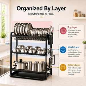 Double Tier Metal Dish Rack With <b>Utensil</b> <b>Holder</b> For <b>Kitchen</b> Storage Modern Design Standing Type Multifunctional - Product Image 4