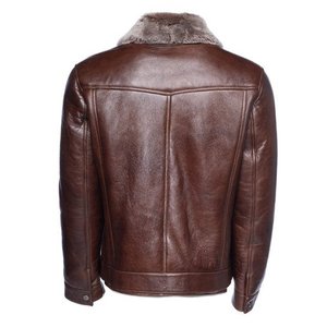 Veste d'hiver en cuir véritable pour homme avec doublure en fourrure, col rabattable, style motard, coupe régulière, coupe-vent - Product Image 6