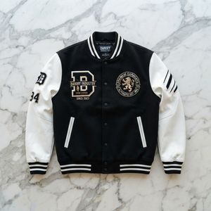 <b>Men's</b> Varsity <b>Jacket</b> Black <b>Cream</b> Sleeves Embroidered Logo Preppy Style - Product Image 1