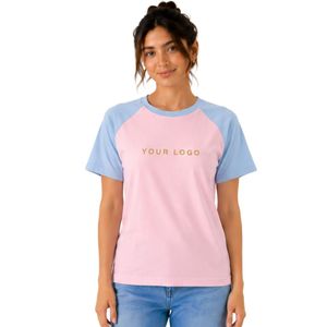 Camiseta Raglán Rosa y Azul Cielo para Mujer, con Logotipo Personalizado, Cuello Redondo, Manga Corta, Poliéster y Algodón, Informal, Verano, OEM, ODM - Product Image 1