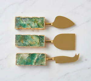 Ensemble de 3 couteaux à fromage avec manche en marbre vert et spatule en acier inoxydable doré pour plateau à fromage - Product Image 1