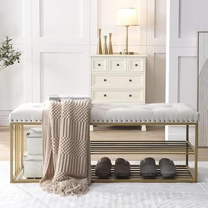 Banco para Zapatos con Estante Dorado para Calzado, Banco Organizador de Zapatos Tapizado en Terciopelo, Banco Moderno para Entrada con Almacenamiento de Zapatos - Product Image 3