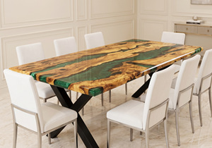 Table de salle à manger rectangulaire moderne en résine avec bord naturel, faite à la main, design grain de bois vert et or, mobilier pour la maison et l'entrée d'hôtel - Product Image 3