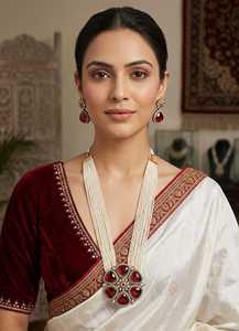 Royal Red <b>Ruby</b> Multilayer Pearl <b>Necklace</b> Set with Teardrop Earrings Indian Bridal Kundan Mala Statement Wedding Jewelry - Product Image 2