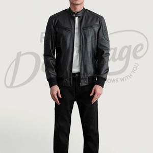 Veste bomber en cuir noir pour homme, coupe ajustée, avec détails matelassés aux épaules, en cuir d'agneau de qualité supérieure - Product Image 6