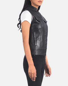 Chaleco de cuero PU negro de alta calidad para mujer, diseño personalizado, con cuello mandarín y bolsillos, sin mangas, 240 g - Product Image 2