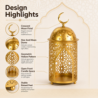 Farol Metálico Mayorista para Ramadán, Portavelas Islámico con Luna Creciente para Decoración de Mesa de Eid y Exhibición Minorista de Temporada