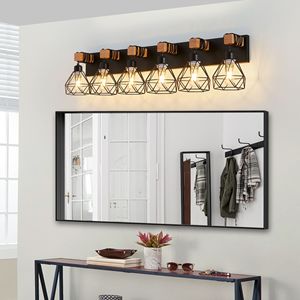 Lampada da Bagno Moderna Geometrica a 6 Luci da 38 Pollici con Accenti in Metallo Nero e Legno, Paralume a Gabbia per Bagno e Camera da Letto - Product Image 4