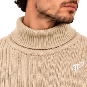 Suéter de cuello alto acanalado beige para hombre, jersey de punto cálido de manga larga para invierno, jersey de punto suave informal de moda con cuello alto - Product Image 5