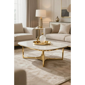 Attractive Rectangular Coffee <b>Table</b> with White <b>Marble</b> Top and Geometric Gold Metal Base for Elegant Living Room Furniture - Product Image 5
