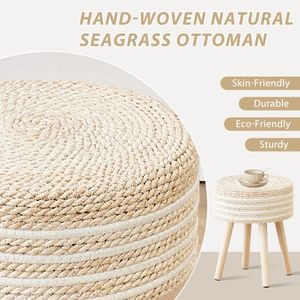 Poggiapiedi Ottomano in Giacinto Marino Naturale Intrecciato a Mano con Gambe in Legno Massello, Sgabello per Ingresso e Uso Alberghiero - Product Image 4