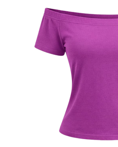 T-shirt femme violet orchidée, épaules dénudées, manches courtes, coupe ajustée, décontracté, été, coton doux, tee-shirt pour femme, fabricant OEM personnalisé - Product Image 3