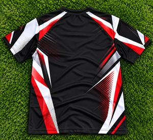 T-shirt de sport pour homme à sublimation, manches courtes, col rond, motif géométrique, noir, rouge, blanc, grande taille, 100 % polyester, coupe classique - Product Image 3