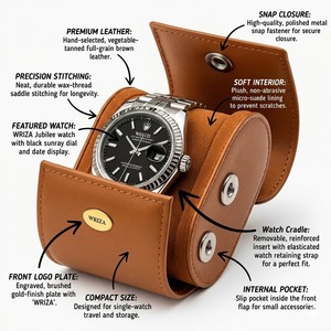 WRIZA Single <b>Watch</b> Roll Travel <b>Case</b> Premium Genuine Leather <b>Watch</b> Organizer Storage Box with Soft Suede Lining and Snap Closure - Product Image 5