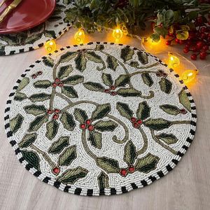 Luxury Handmade Beaded Placemat <b>Round</b> <b>Table</b> <b>Mat</b> Decorative Dining <b>Table</b> Setting Christmas Holly Design Custom Home Decor - Product Image 4
