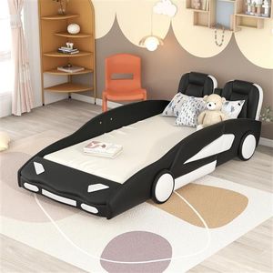 Letto a piattaforma nero a forma di auto da corsa con ruote, per bambini - Product Image 1