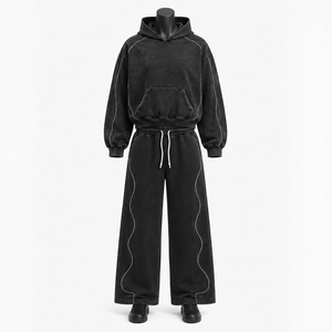 Ensemble de survêtement unisexe noir, sweat-shirt à capuche, pantalon large, streetwear décontracté, manches longues, couleur unie, fermeture à cordon - Product Image 1
