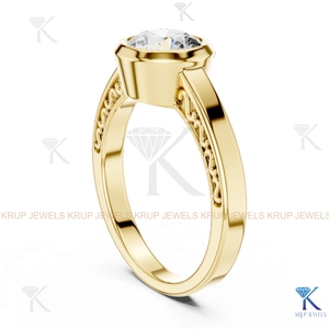 Bague de fiançailles et de mariage classique en or massif avec diamant de laboratoire personnalisé serti clos, certifiée IGI, bande gravée ronde - Product Image 6
