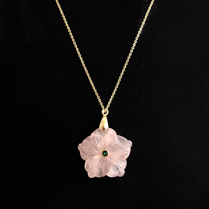 Crystal healing jewelry natural rose quartz <b>with</b> emerald zircon floral carved pendant necklace 18k gold plated designer necklace - Product Image 3