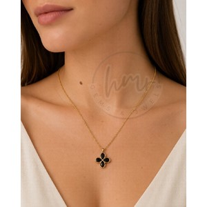 Collier pendentif trèfle en onyx noir, style tendance, laiton plaqué or, bijoux délicats pour femmes - Product Image 2