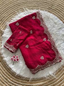 <b>Red</b> color Indian Summer Wedding Party Wear Bridal Saree Fancy Bollywood Designer Heavy <b>Silk</b> Thread Diamond Work Quick Dry - Product Image 1