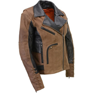 SAMROZ SPORTS Chaqueta de Motociclista de Cuero Marrón y Negro Estilo Vintage para Mujer - Product Image 1