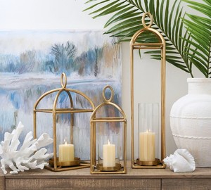 Modern Gold Metal <b>Lantern</b> Candle Holder <b>Set</b> with Glass Hurricane Inserts Decorative Tabletop Centerpiece for Home Wedding Party - Product Image 3