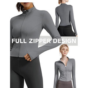 Women's Gray Full Sleeve Zipper <b>Yoga</b> <b>Jacket</b> Sweat-Wicking Spandex Polyester Activewear Top Solid Color Stand Neck Design - Product Image 4