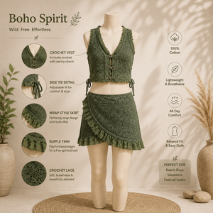 Women's Bohemian Crochet Two Piece Co Ord Set Sleeveless Crop <b>Top</b> Ruffle Mini Skirt Cotton Festival Beach Vacation Outfit Green - Product Image 5