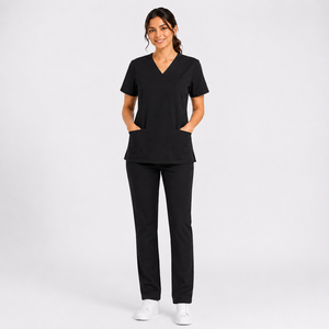 Women Black Medical <b>Scrub</b> <b>Set</b> Back View V Neck Healthcare Uniform Nurse Workwear Top And Pant - Product Image 2