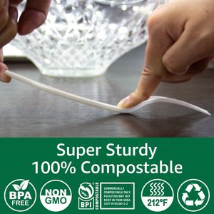Kit di posate usa e getta 100% compostabili ed ecologiche, pesanti, senza plastica, per feste: coltelli, forchette, cucchiai, utensili - Product Image 3