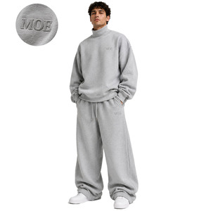 Conjuntos de sudaderas de cuello alto oversize con bordado de chenilla personalizado, sudaderas con capucha y joggers de pierna ancha de felpa de 450 g/m², ropa urbana premium al por mayor. - Product Image 1