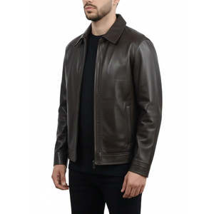 Leathertex Custom Fit Men's Dark Brown Sheepskin Leather Classic Jacket Turn-down Collar Handcrafted Antique Brass <b>Hardware</b> Size - Product Image 1
