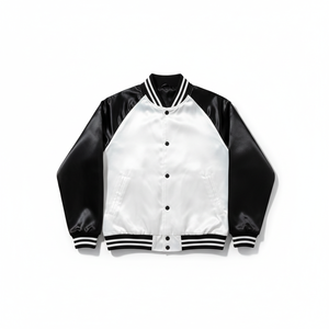 Veste de sport en satin unisexe personnalisée de qualité supérieure |   Blouson de baseball à manches raglan noir et blanc de haute qualité |   Veste de style universitaire rétro - Product Image 1