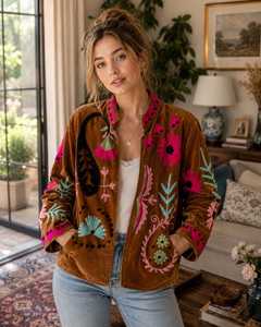 Premium Rich Brown <b>Velvet</b> <b>Women's</b> Suzani <b>Jacket</b> Hand Embroidered Bohemian <b>Women</b> Coat Uzbek Traditional Embroidery Winter Blazer - Product Image 1