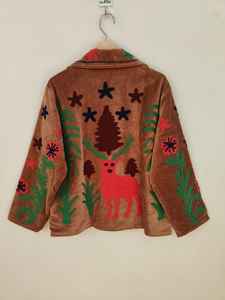 Chaqueta Bomber de Terciopelo Hecha a Mano, Bordado Boho Marrón, Reversible, Ecológica, Transpirable, Corta, Invernal, con Animales y Flores Coloridos - Product Image 6