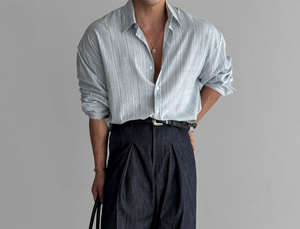 Camisa de Hombre Casual de Verano, Transpirable, de Lino y Algodón, Satén, Lisa, con Cuello Camisero, Antiarrugas - Product Image 6