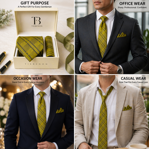 Luxury Yellow Plaid Silk <b>Tie</b> <b>Set</b> for Men with Pocket Square | Premium Gift Box Wedding Business Necktie | India 2026 Export Wear - Product Image 4