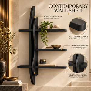 Modern Matte <b>Black</b> Three Tier <b>Wall</b> <b>Shelf</b> with Sculptural Curved Supports | Contemporary Floating Display Rack for Elegant Home - Product Image 5