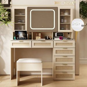 Large LED Lighted Mirror Makeup Vanity Table Set with Charging Station Glass Doors Drawers-for Your Daily Beauty Routine! - Product Image 4
