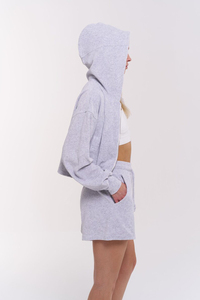 Conjunto de Top Corto con Capucha y Pantalones Cortos para Mujer, Manga Larga, Color Sólido, Estilo Deportivo, Gris, Largo por Encima de la Rodilla, Corte Holgado - Product Image 3