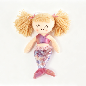 Muñeca de peluche de sirena rosa personalizada, muñeca de peluche de sirena con doble coleta de hilo rubio, muñeca de trapo de sirena sonriente con ojos cerrados - Product Image 1